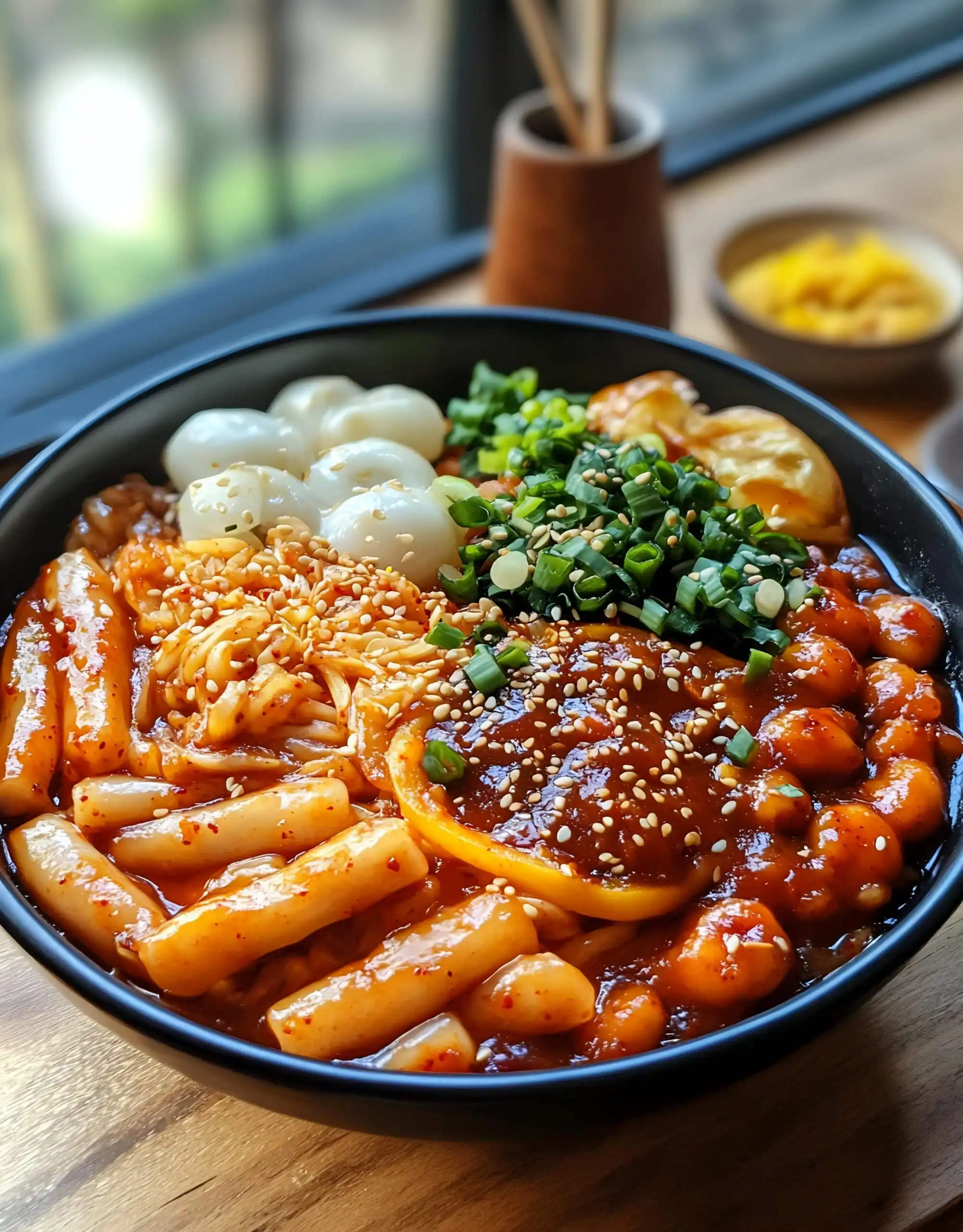 Close-up of spicy Tteokbokki in a bowl, showcasing the chewy rice cakes and rich red chili paste sauce.