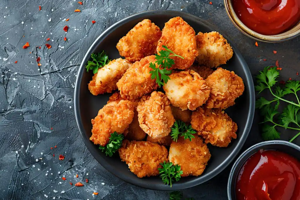 Image of frozen chicken bites on a baking tray, ready to be cooked.