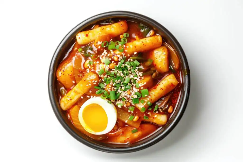 A close-up of chewy Tteokbokki rice cakes made with glutinous rice flour in a spicy sauce.