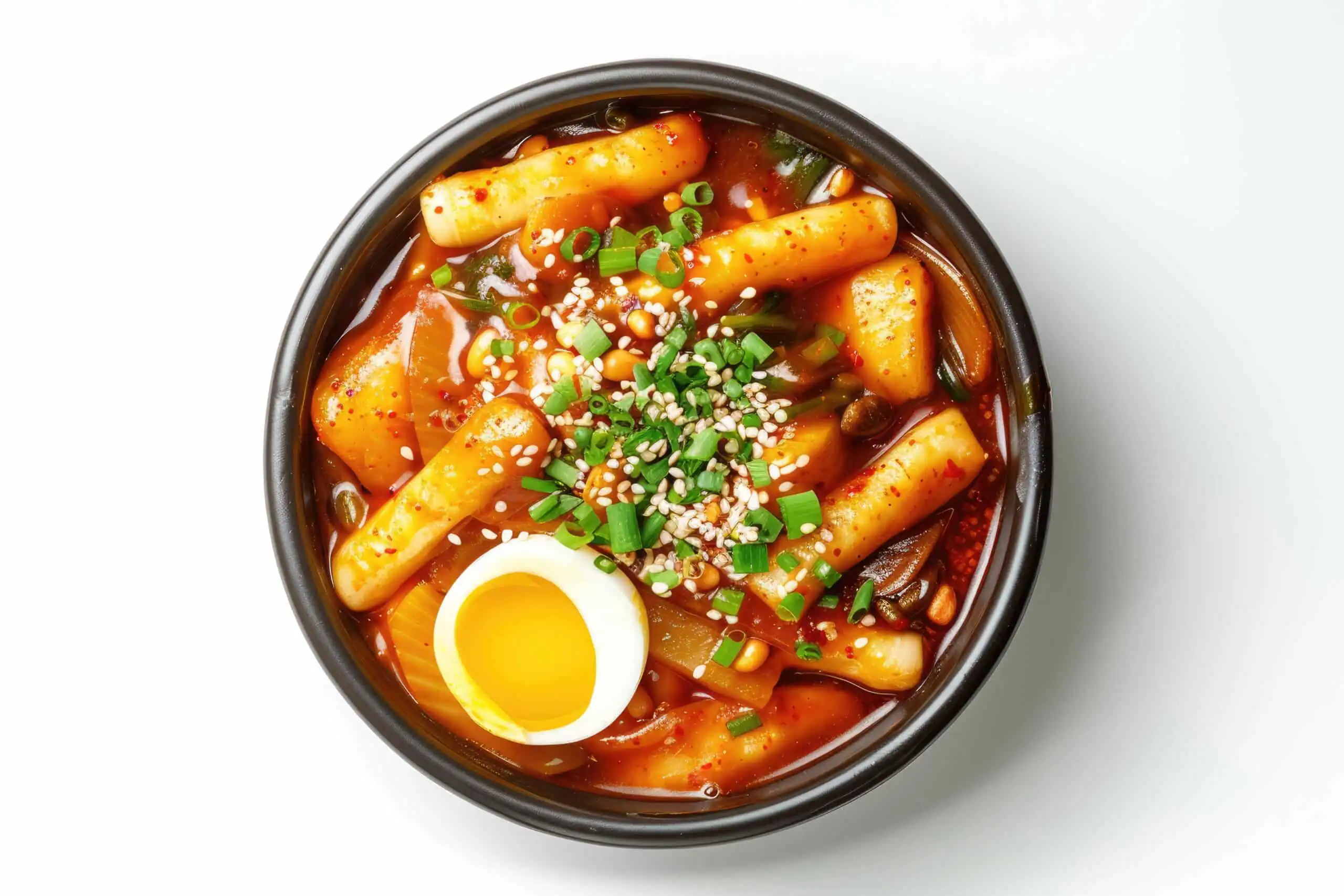 A close-up of chewy Tteokbokki rice cakes made with glutinous rice flour in a spicy sauce.
