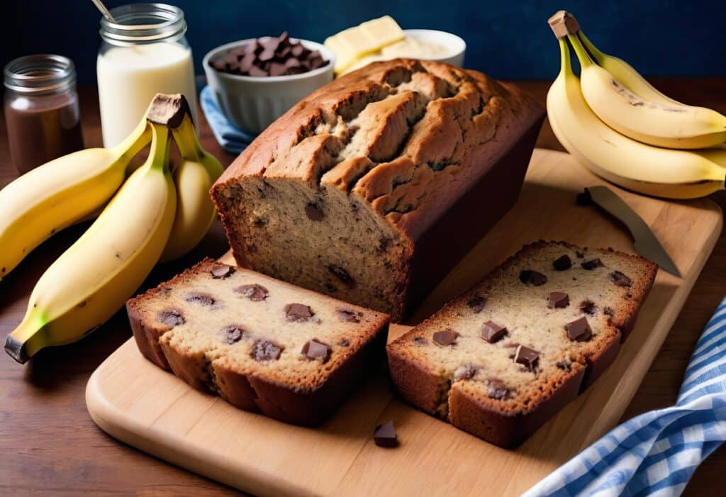 Loaf of banana bread made with cake mix, sliced and ready to serve.
