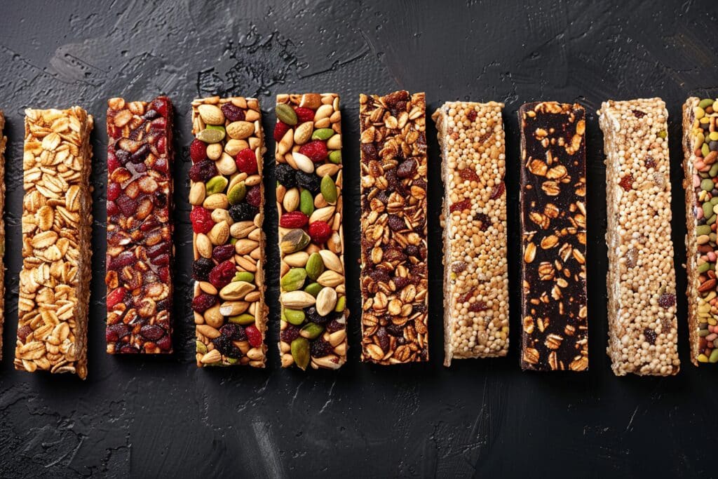 Homemade protein bars with nuts and seeds on a wooden table