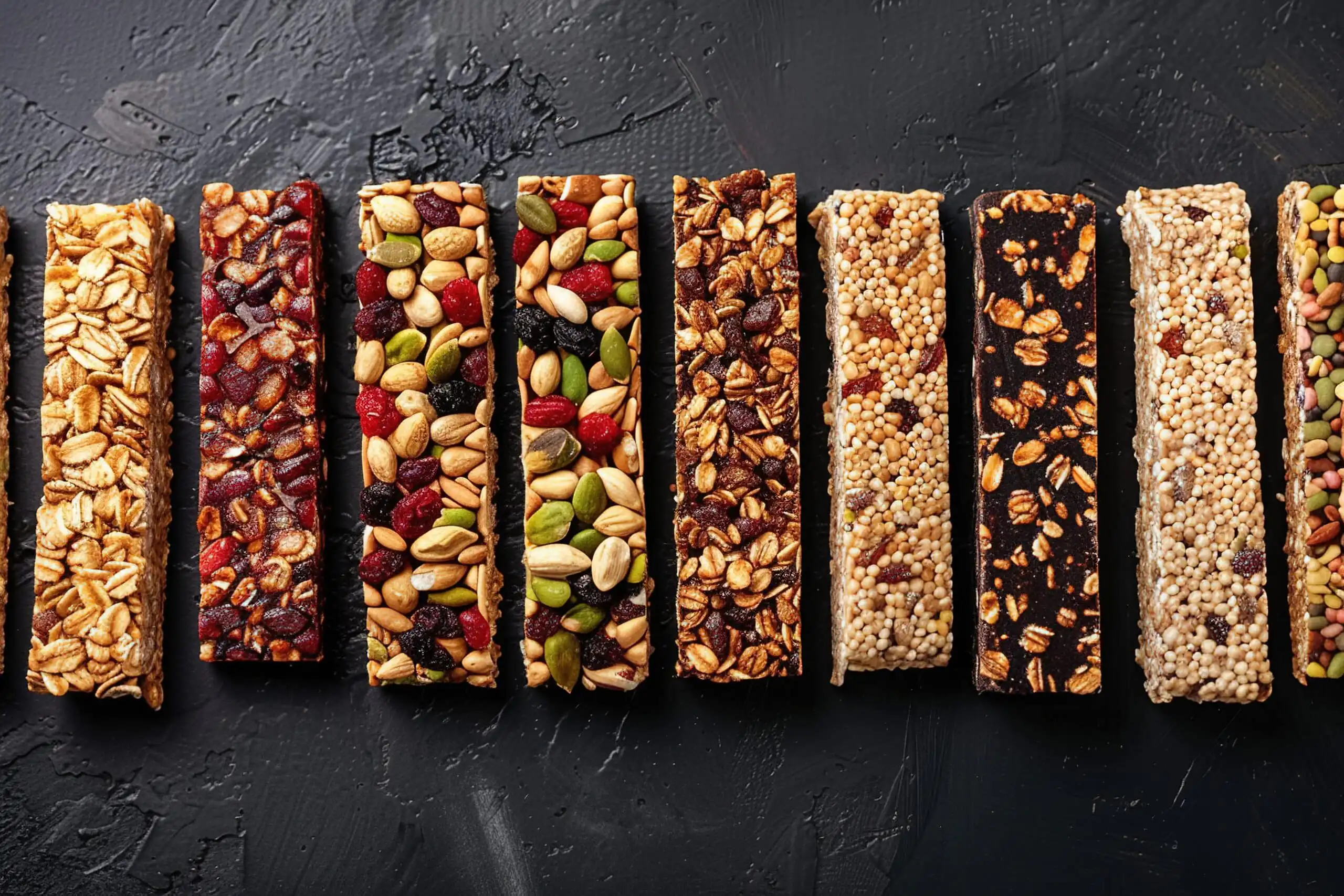 Homemade protein bars with nuts and seeds on a wooden table