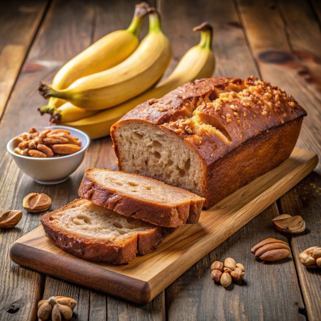 A perfectly baked loaf of banana bread with a golden-brown crust, sliced and displayed on a wooden cutting board.
