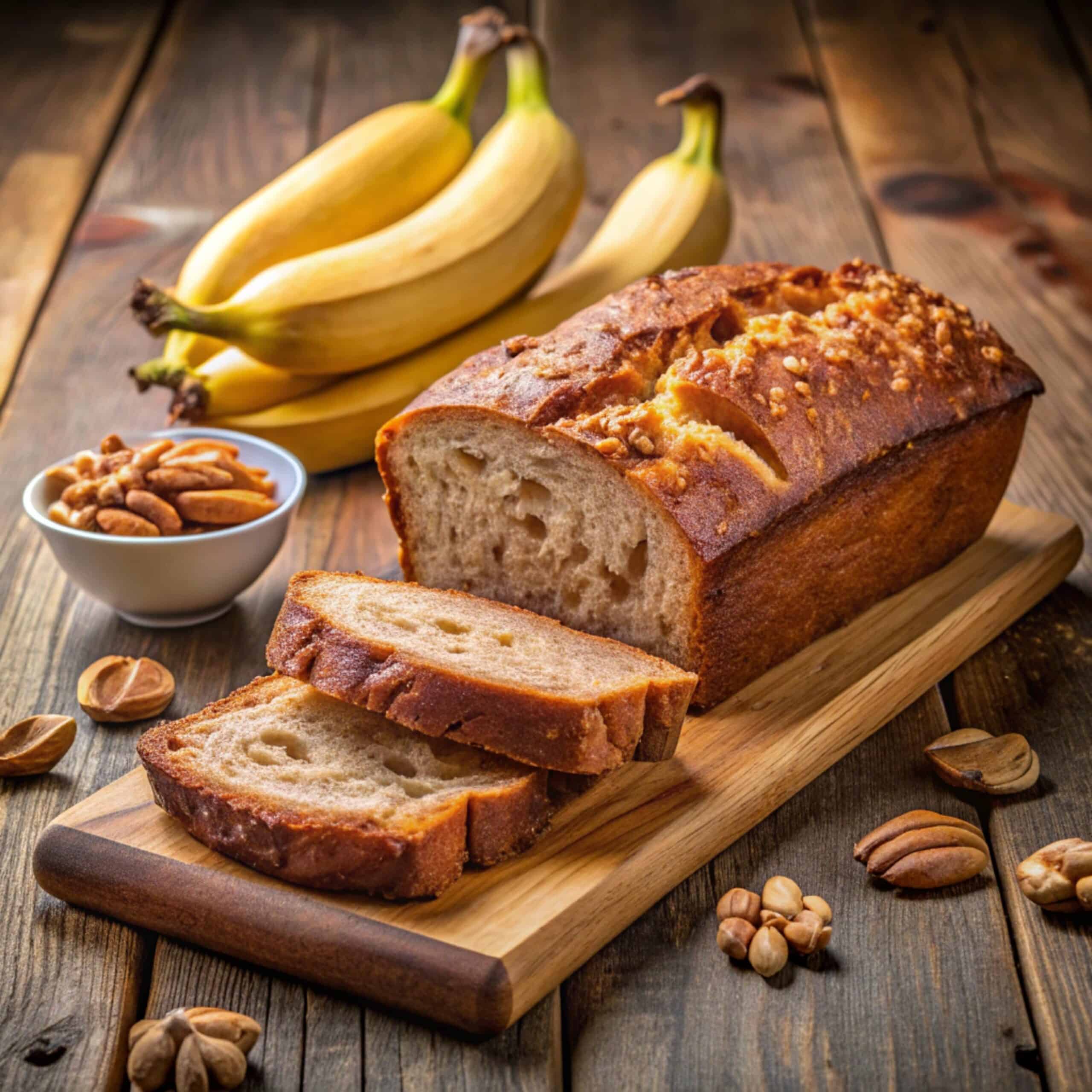 A perfectly baked loaf of banana bread with a golden-brown crust, sliced and displayed on a wooden cutting board.