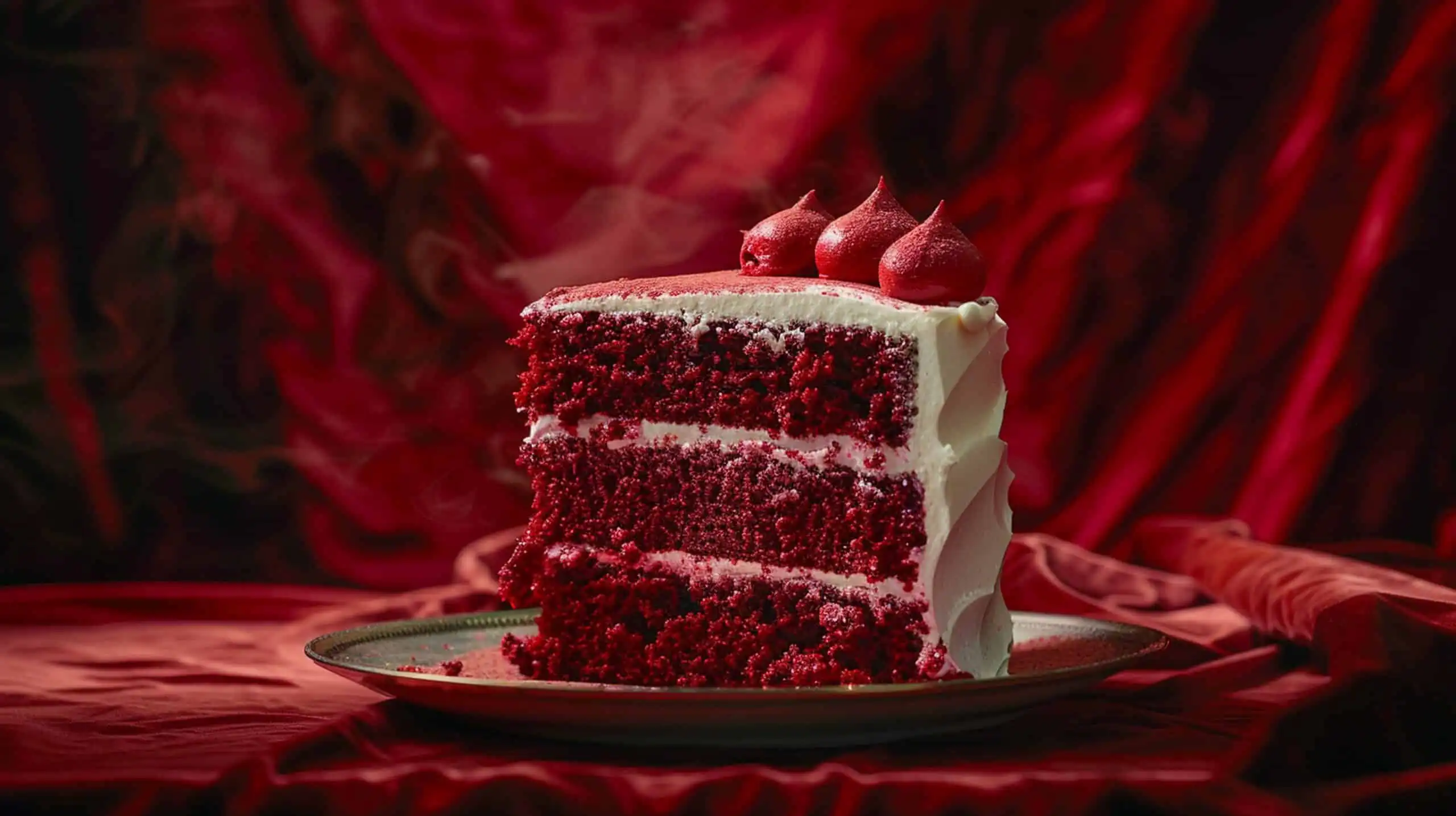 Close-up of red velvet and chocolate cake slices side by side, showing the contrasting colors and textures