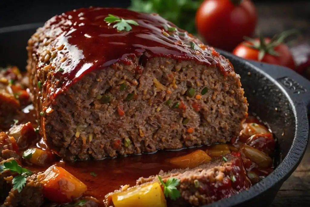 Image of a meatloaf being baked uncovered in an oven, showing a crispy, caramelized top.