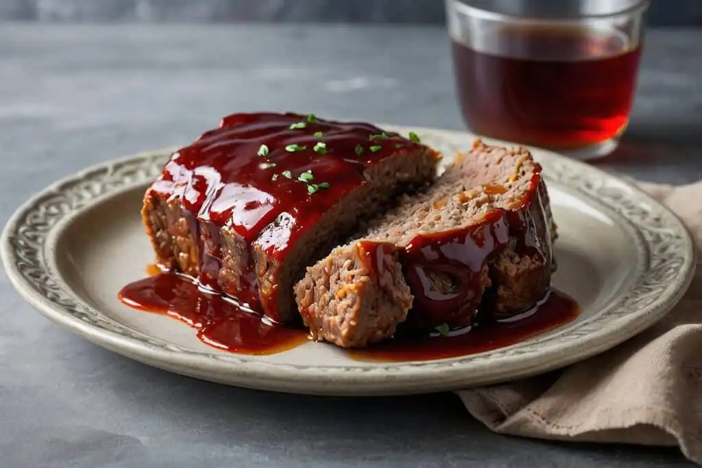 Glossy meatloaf topped with a sweet and savory glaze on a wooden cutting board