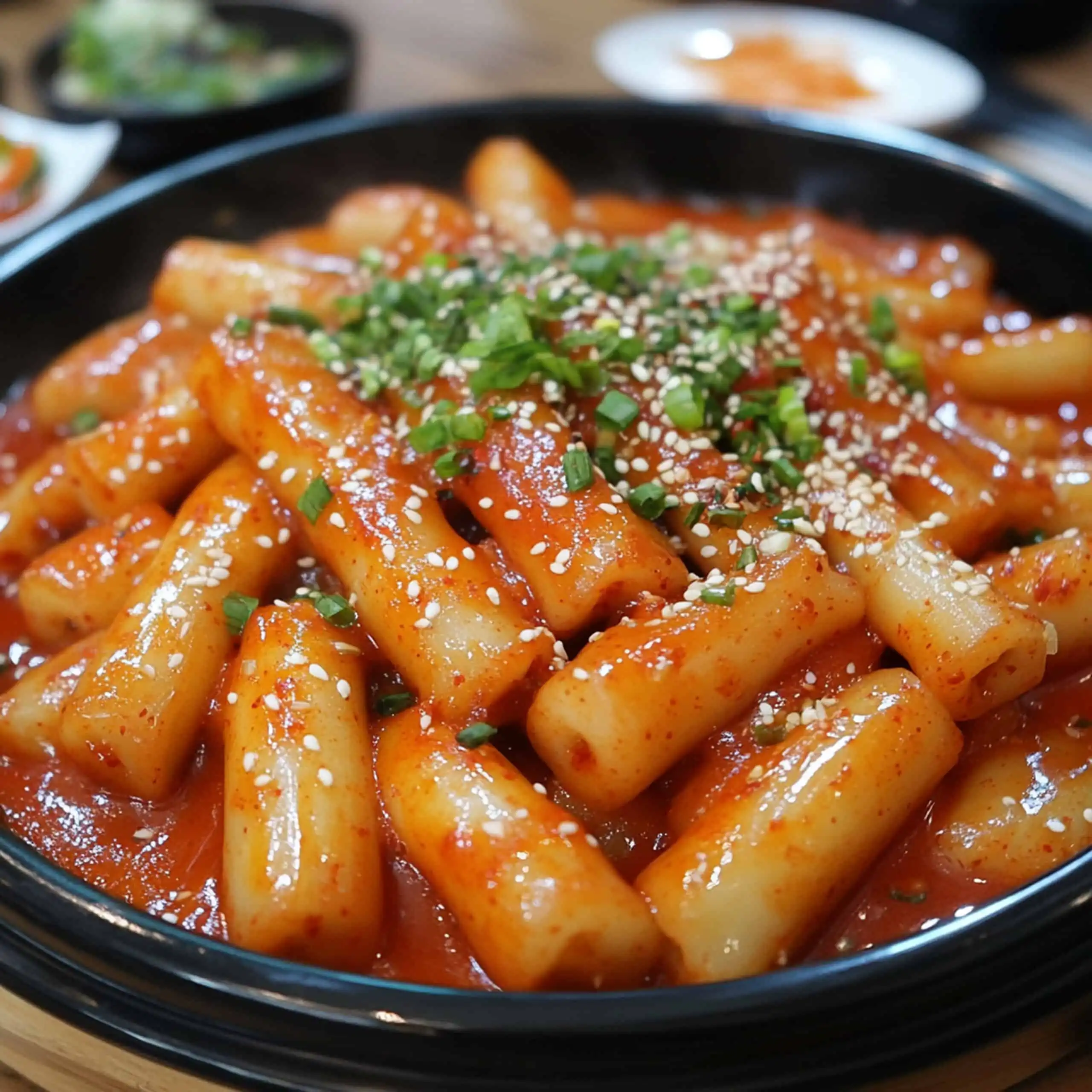 Close-up of chewy Tteokbokki rice cakes in a spicy sauce