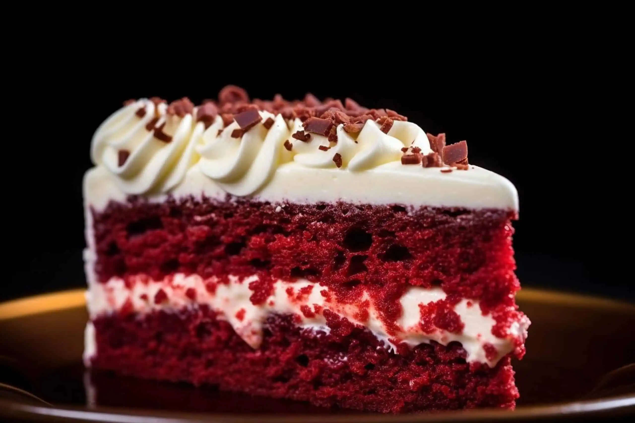 Close-up of a red velvet cake slice with vibrant red color and cream cheese frosting