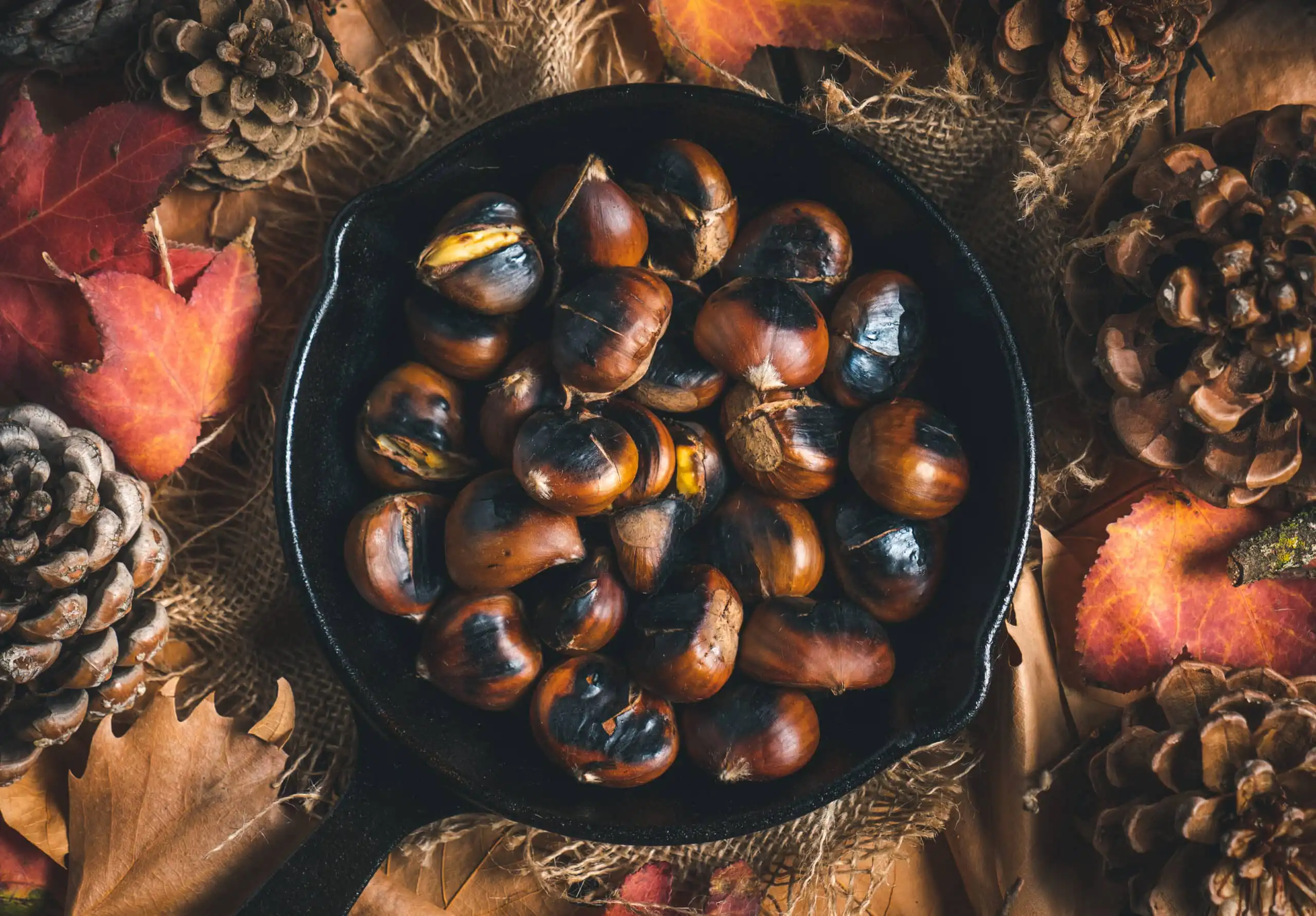 Roasted chestnuts on a rustic table with a cozy winter background