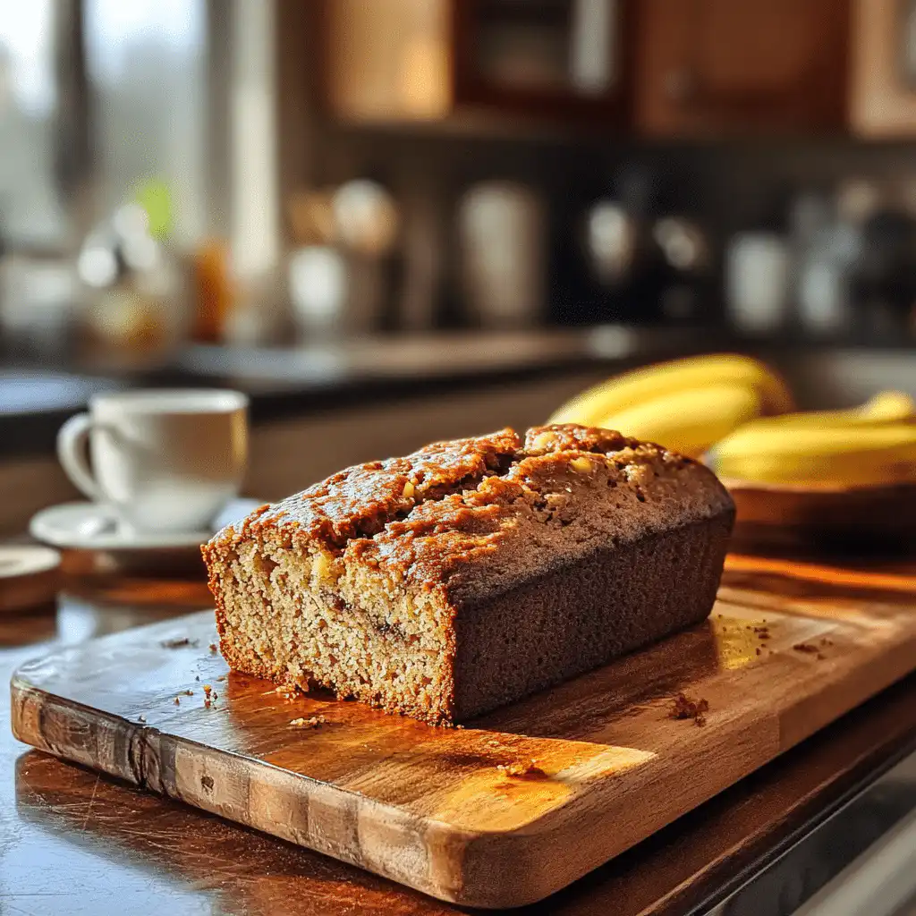 Collapsed banana bread on a wooden cutting board with slices showing a dense texture.