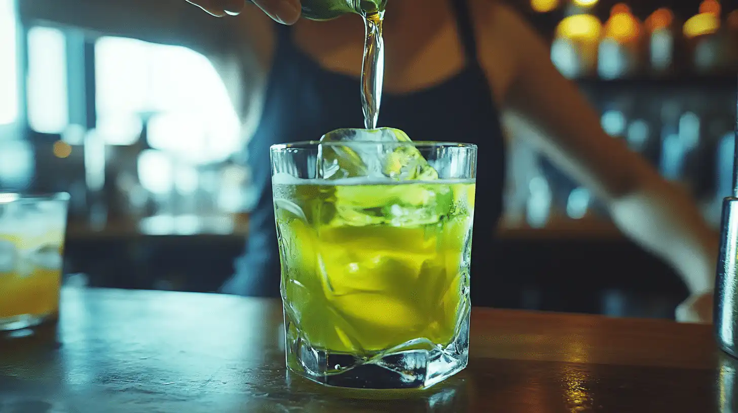 A green tea shot being poured into a glass, featuring a light greenish hue.