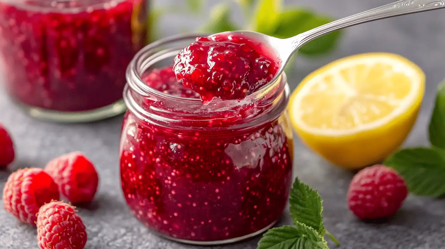 A jar of homemade raspberry jam being spread on toast with a hint of lemon on the side.