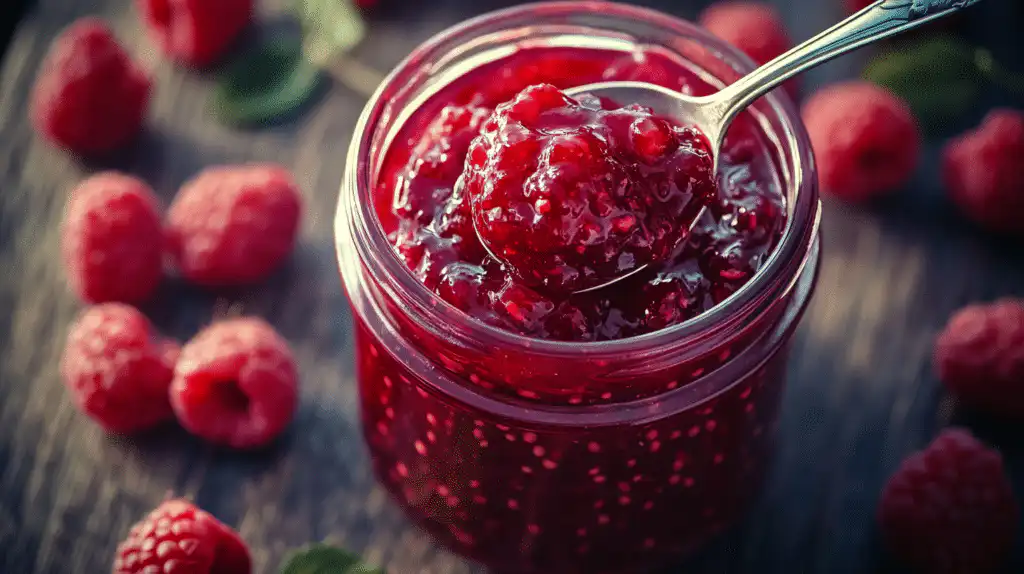 Homemade raspberry jam in a jar with fresh raspberries on the side.