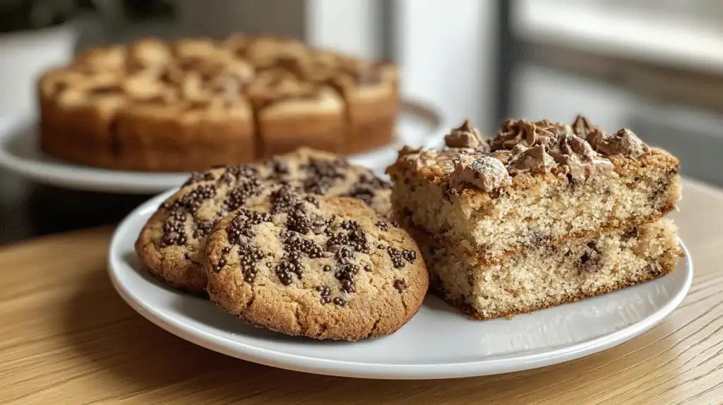A plate of gluten-free cookies and a slice of cake, showcasing vibrant colors and textures.