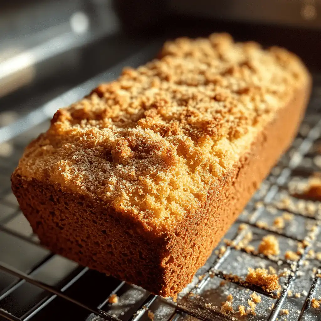 Loaf pan cake freshly baked with a golden top and even rise.