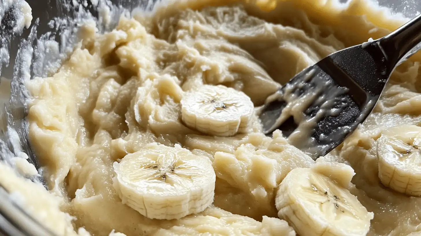 Baking cake mix with mashed bananas as a substitute for eggs.