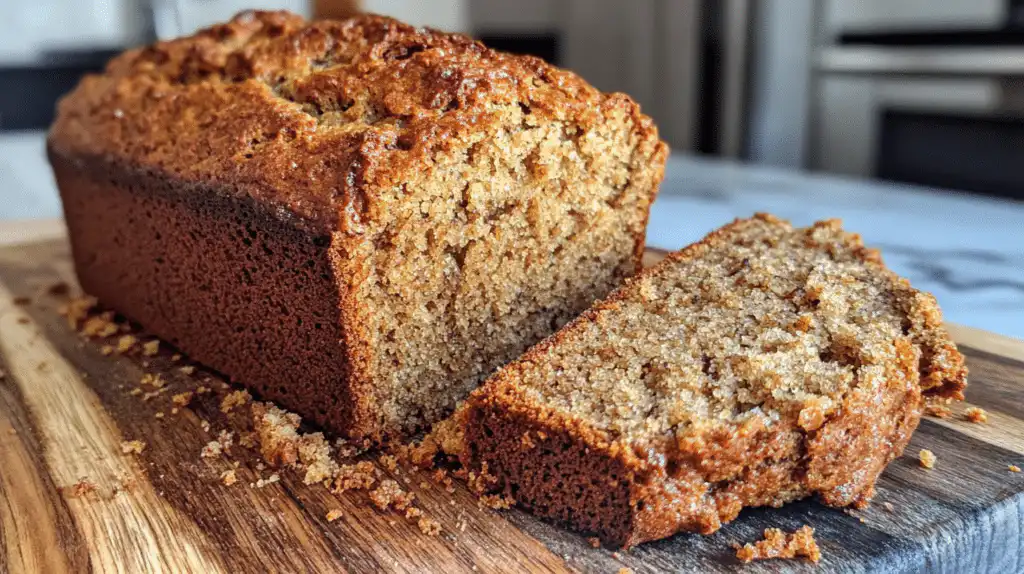 Freshly baked banana bread with a golden top, sliced to show a fluffy texture.