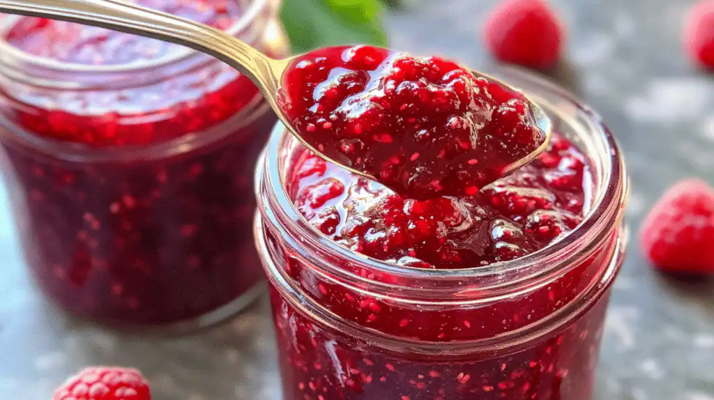 Close-up of homemade raspberry jam with and without seeds, in jars ready for spreading.