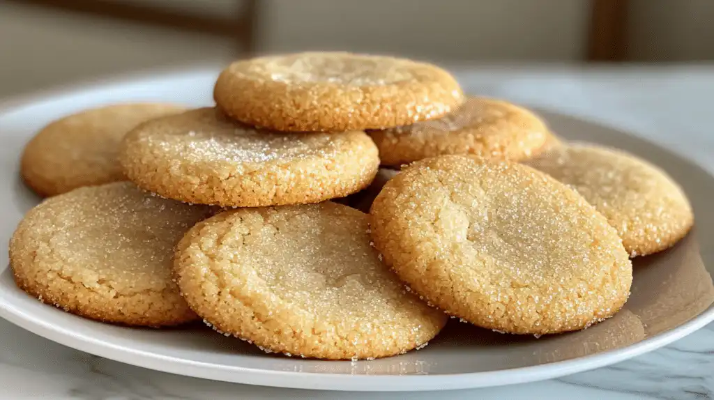 A plate of freshly baked gluten-free sugar cookies with golden brown edges.