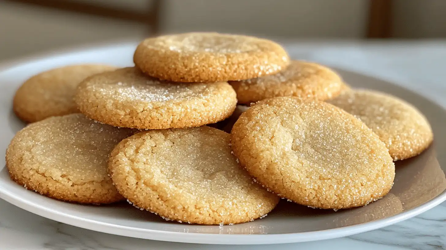 A plate of freshly baked gluten-free sugar cookies with golden brown edges.