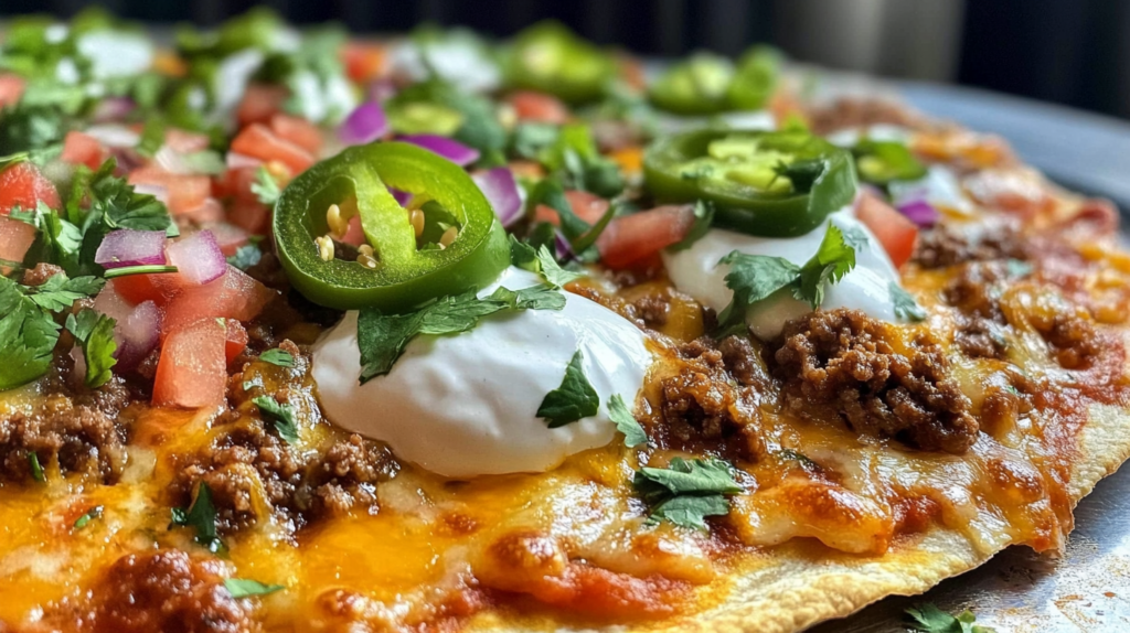 Close-up of a Mexican pizza topped with cheese, ground beef, refried beans, and jalapeños.