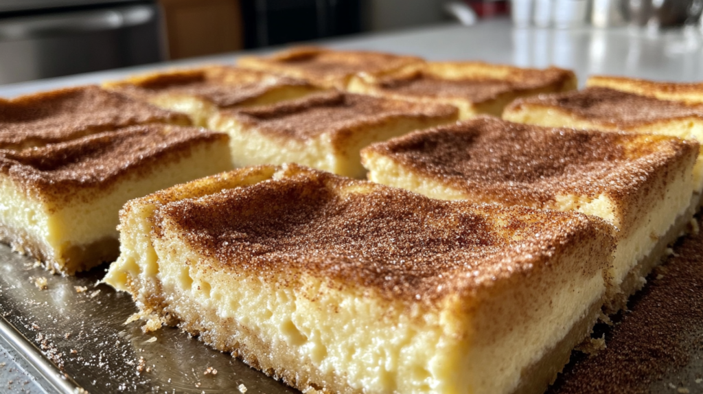 Churro cheesecake topped with cinnamon sugar, cut into squares, served on a plate.