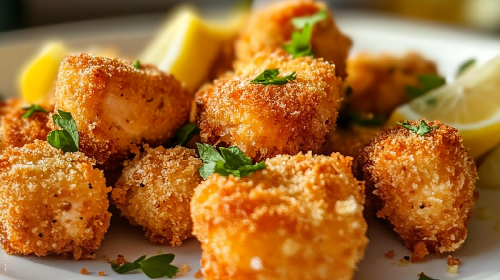 Golden-brown crispy salmon bites on a white plate, garnished with lemon wedges and parsley.