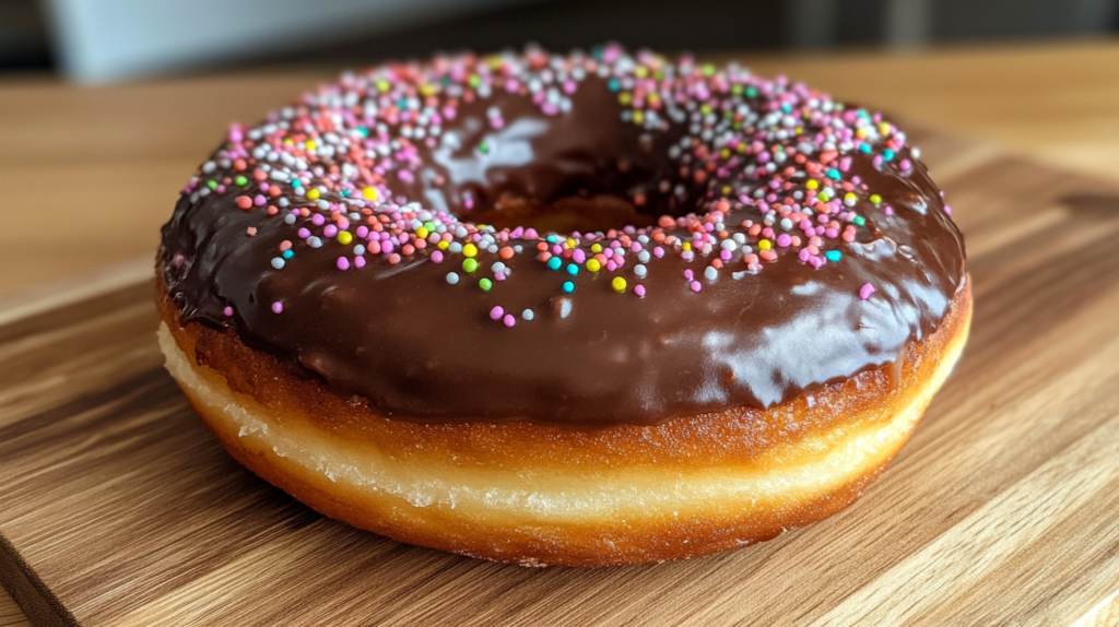 A freshly made chocolate donut with glossy chocolate glaze and sprinkles.