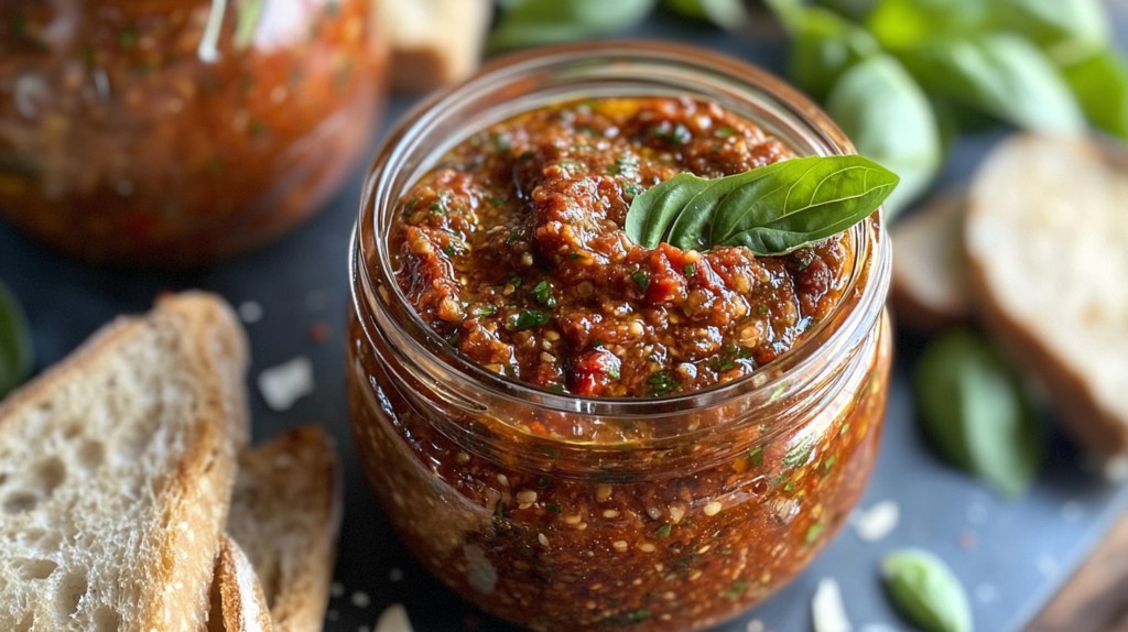 Jar of homemade sun-dried tomato pesto spread on rustic bread with basil garnish.