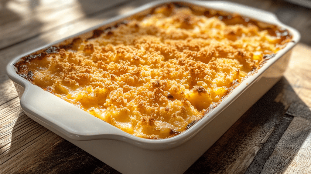 Golden-brown pineapple casserole with Ritz cracker topping and melted cheddar cheese, freshly baked in a white dish.
