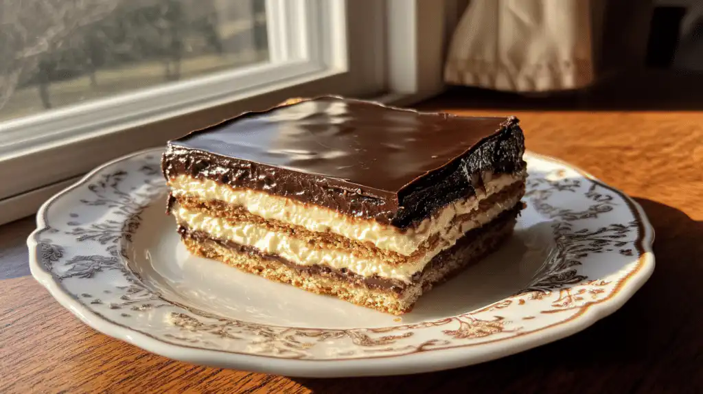 A slice of chocolate eclair cake with layers of graham crackers, vanilla pudding, and chocolate ganache.