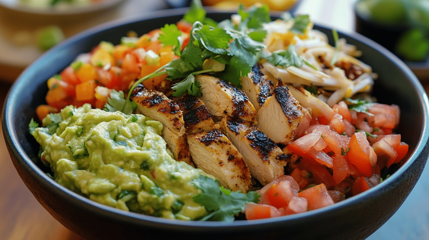 Juicy taco bowl with grilled chicken, vegetables, guacamole, and salsa