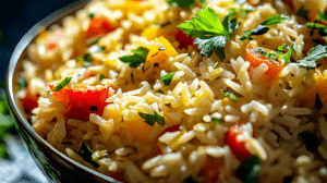 A Mediterranean rice dish with fresh herbs and roasted vegetables.