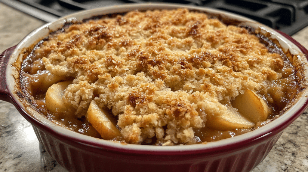 Golden apple crisp without oats in a rustic dish, topped with a buttery crumble