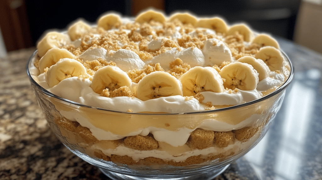 A layered banana pudding with vanilla pudding, sliced bananas, and Nilla wafers, topped with whipped cream.