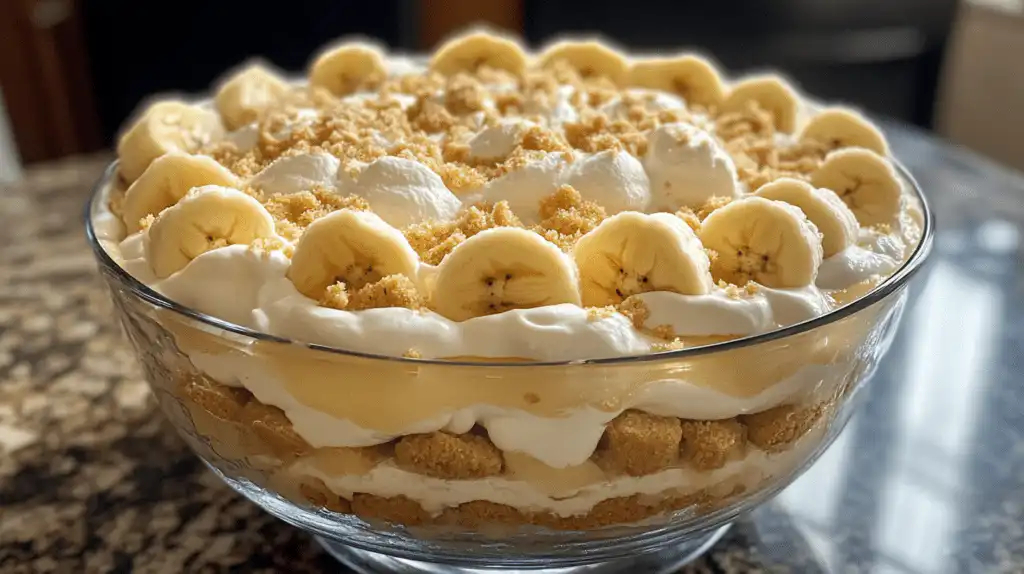 A layered banana pudding with vanilla pudding, sliced bananas, and Nilla wafers, topped with whipped cream.