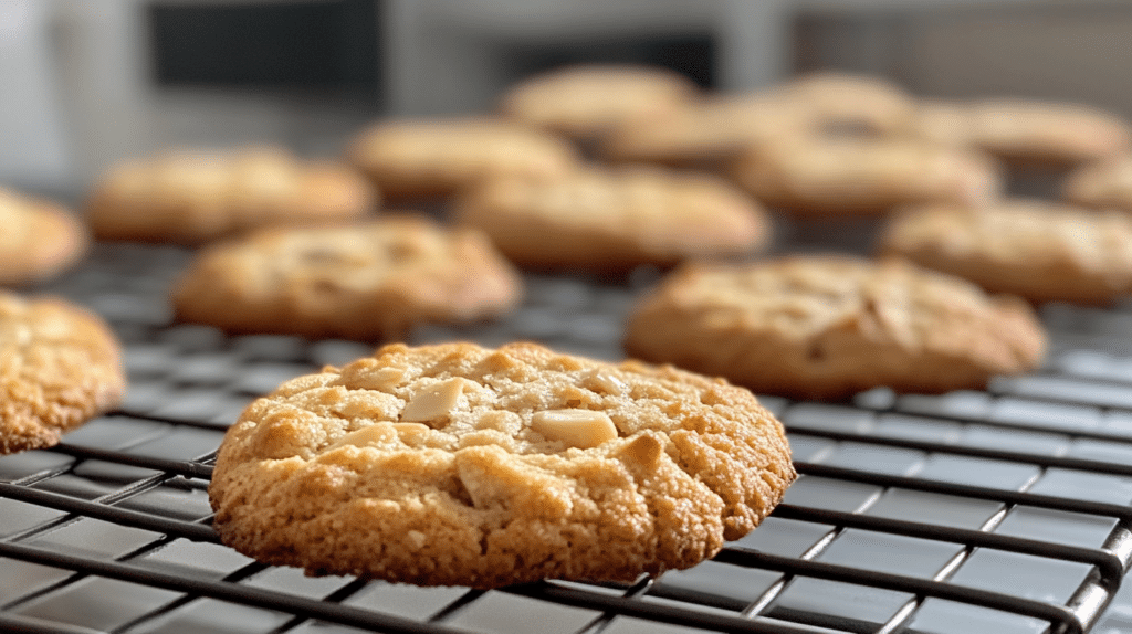 Freshly baked almond cookies cooling on a wire rack