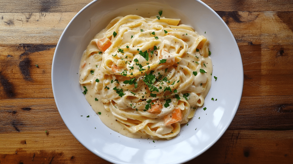Creamy Boursin pasta with herbs and sautéed vegetables