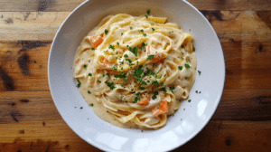 Creamy Boursin pasta with herbs and sautéed vegetables