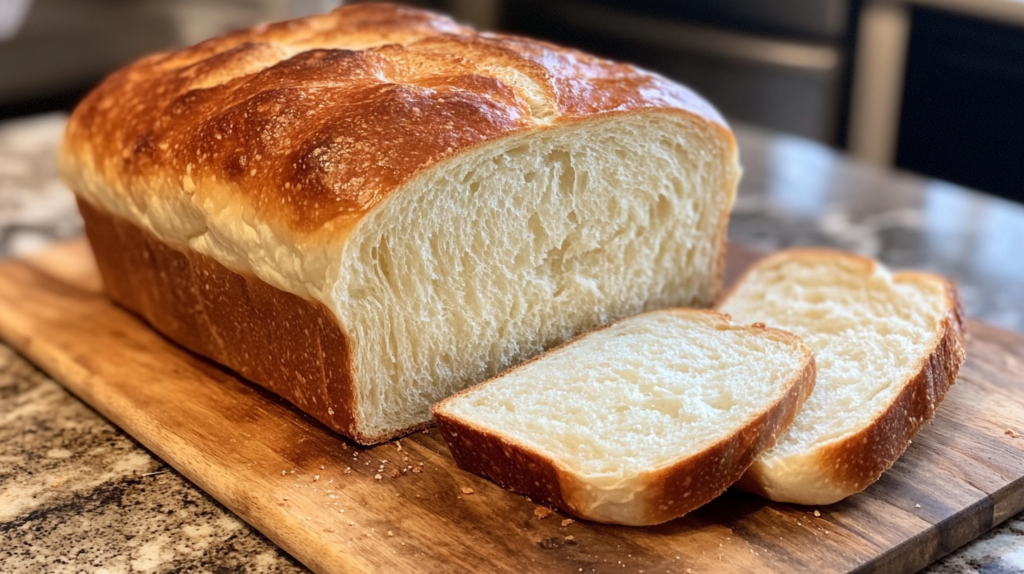 Freshly baked sandwich bread with a golden crust and soft interior, sliced on a wooden cutting board.