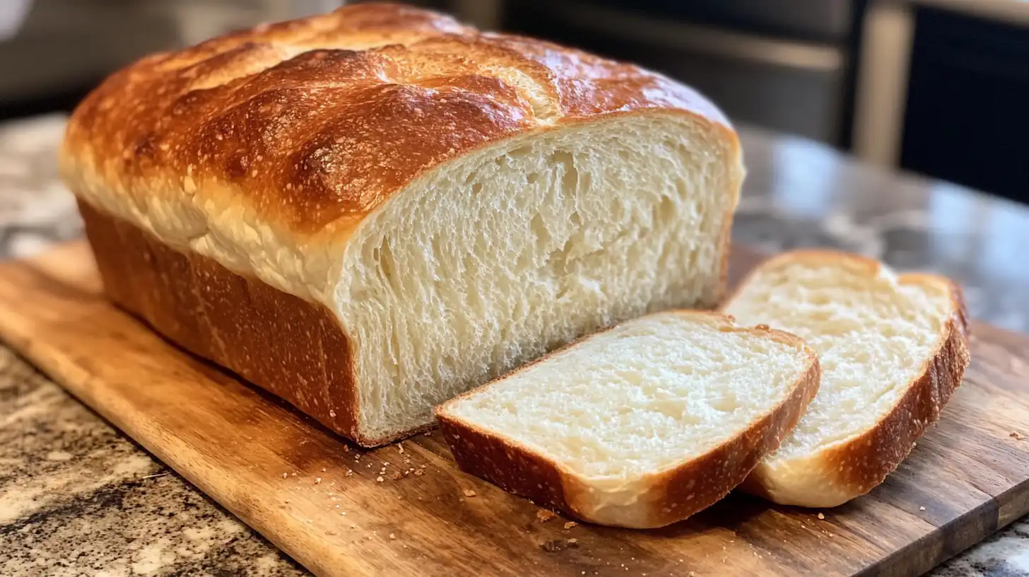 Freshly baked sandwich bread with a golden crust and soft interior, sliced on a wooden cutting board.