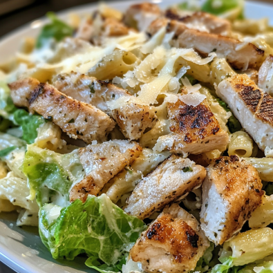 Caesar pasta salad with grilled chicken, Parmesan, and croutons