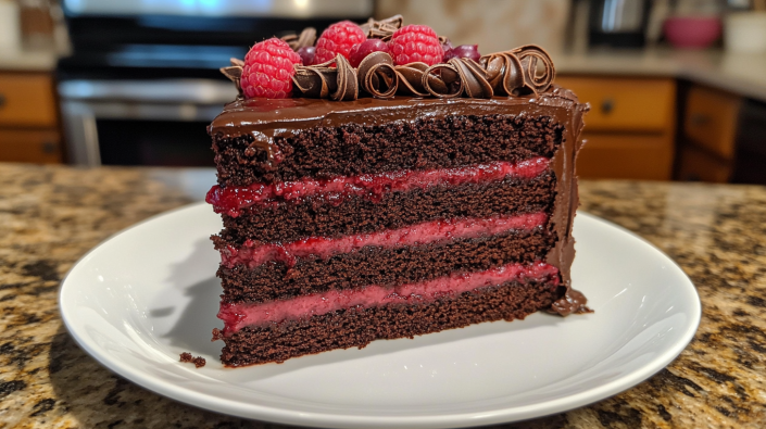 Chocolate raspberry cake with layers of chocolate ganache and fresh raspberries