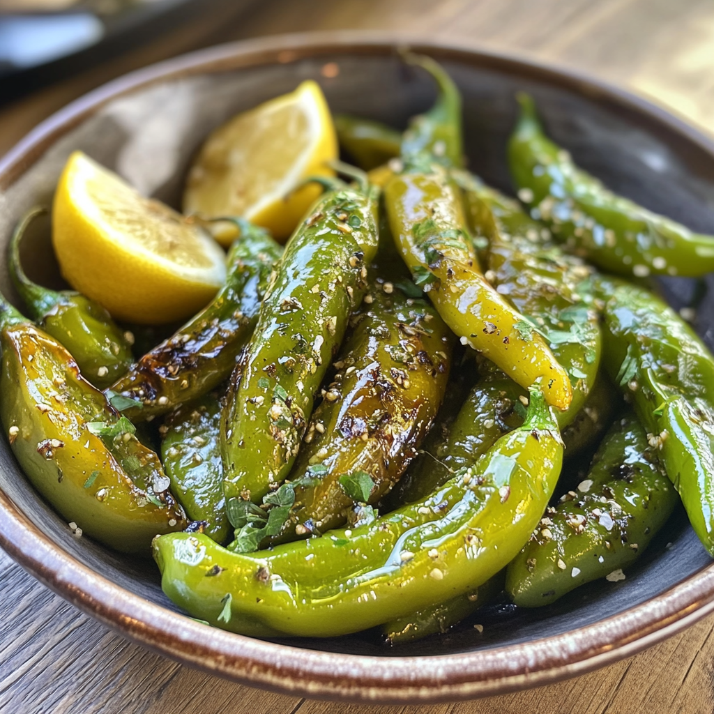 Blistered Shishito peppers garnished with sea salt and lemon wedges
