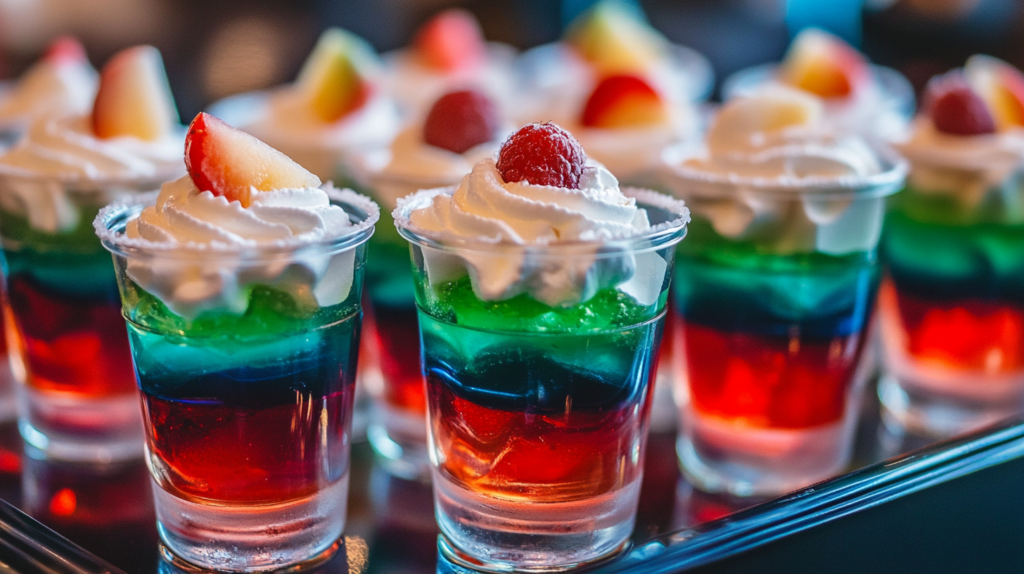 Colorful jello shots in clear cups, topped with whipped cream and fruit slices, served on a tray.