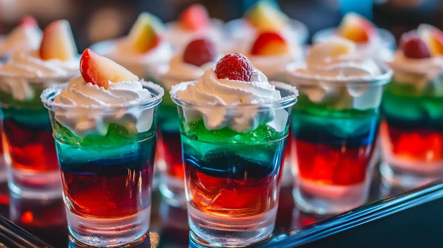 Colorful jello shots in clear cups, topped with whipped cream and fruit slices, served on a tray.