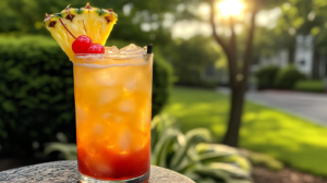 A vibrant Bahama Mama cocktail garnished with pineapple and cherry, served over ice.