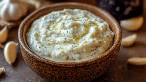 A bowl of homemade blue jam garlic aioli served with garlic cloves and jam in the background.